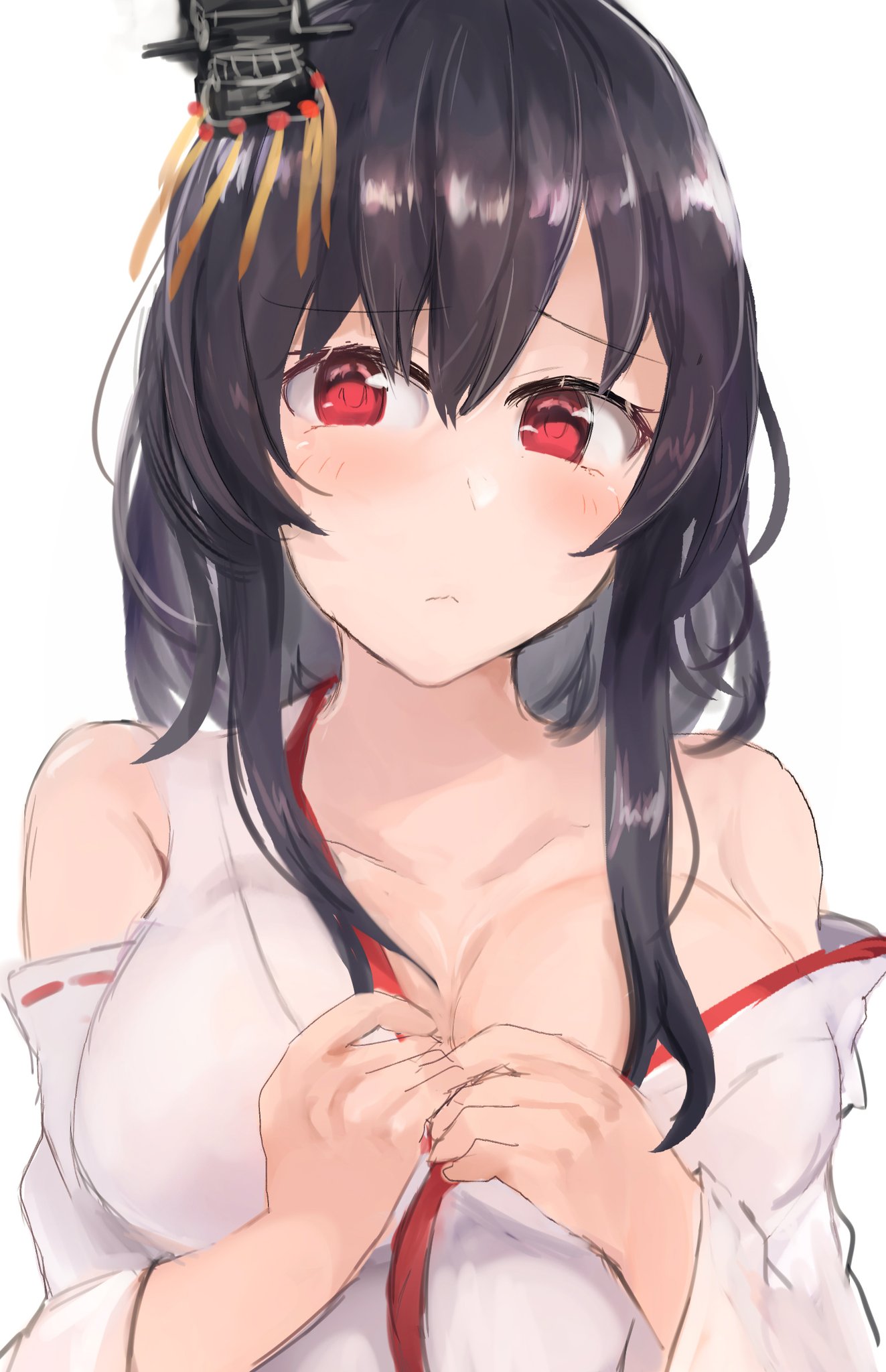 1girl bare_shoulders black_hair blush breasts cleavage commentary_request detached_sleeves hair_ornament highres kantai_collection large_breasts looking_to_the_side miyako_(00727aomiyako) red_eyes short_hair simple_background solo upper_body white_background wide_sleeves yamashiro_(kantai_collection)