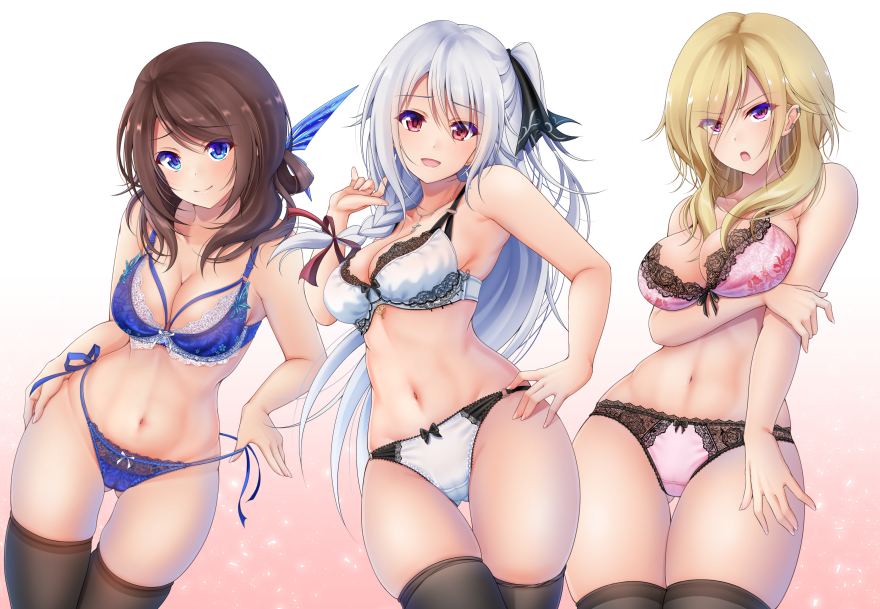 3girls :d :o armpits bare_arms bare_shoulders black_legwear blonde_hair blue_bra blue_eyes blue_panties bra breast_hold breasts brown_hair cameltoe cleavage closed_mouth collarbone cowboy_shot cross cross_necklace crotch_seam denpa_(denpae29) ear_piercing frown gluteal_fold groin hair_ribbon hair_rings hand_up jewelry lace lace-trimmed_bra lace-trimmed_panties large_breasts lingerie long_hair looking_at_viewer multiple_girls navel necklace one_side_up open_mouth original panties piercing pink_bra pink_eyes pink_panties red_eyes ribbon side-tie_panties sidelocks skindentation smile stomach thigh_gap thighhighs thighs underwear underwear_only v-shaped_eyebrows very_long_hair white_bra white_hair white_panties