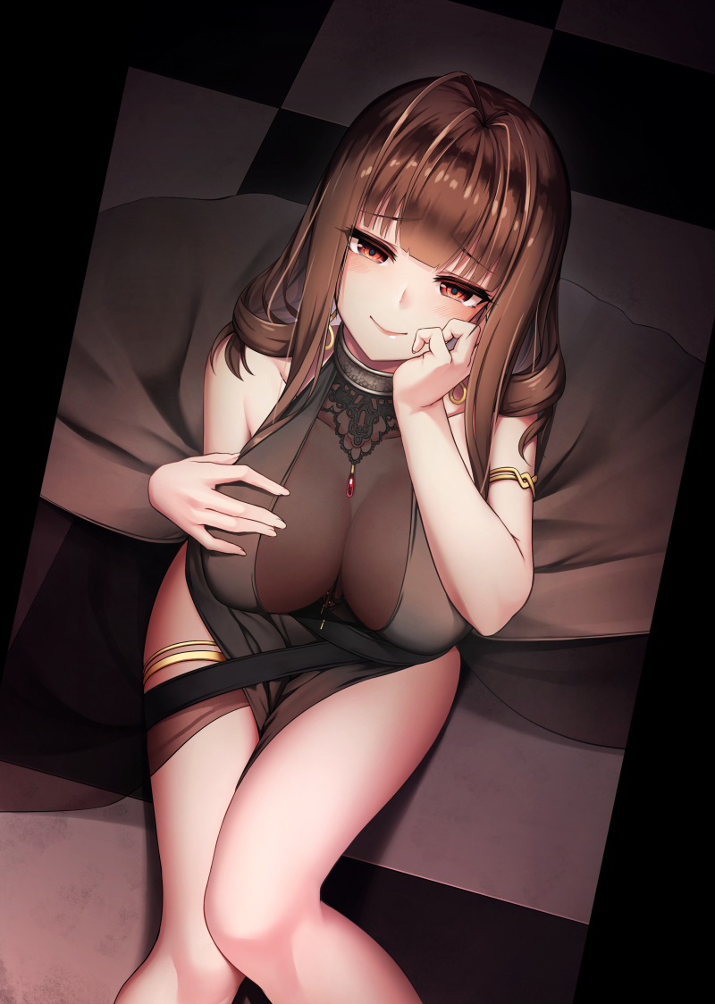 1girl ahoge alternate_costume bangs bare_shoulders blunt_bangs blush breasts brown_hair cleavage closed_mouth dress dsr-50_(girls_frontline) earrings evening_gown eyebrows_visible_through_hair from_above girls_frontline hair_ornament hand_on_own_face jewelry large_breasts long_hair looking_at_viewer necklace red_eyes ruby_(gemstone) see-through shoron sidelocks smile solo thighs very_long_hair