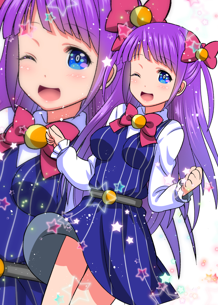 1girl ;d ai_wa_muteki blue_dress blue_eyes blush bow bowtie cowboy_shot dress hair_bow kaguya_madoka long_hair looking_at_viewer one_eye_closed open_mouth pink_bow precure purple_hair simple_background smile solo star star_twinkle_precure striped vertical_stripes white_background wind wind_lift zoom_layer
