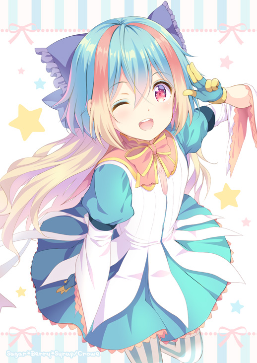 1girl ;d arm_up bangs blue_gloves blue_hair blue_skirt blush bow brown_bow brown_hair commentary_request eyebrows_visible_through_hair frilled_bow frills gloves hair_between_eyes hair_bow kuroe_(sugarberry) little_alice_(wonderland_wars) long_hair long_sleeves multicolored_hair one_eye_closed open_mouth pantyhose pleated_skirt puffy_short_sleeves puffy_sleeves purple_bow red_eyes round_teeth shirt short_over_long_sleeves short_sleeves skirt smile solo standing standing_on_one_leg star striped striped_background striped_legwear teeth two-tone_hair upper_teeth vertical-striped_background vertical-striped_legwear vertical_stripes very_long_hair white_shirt wonderland_wars