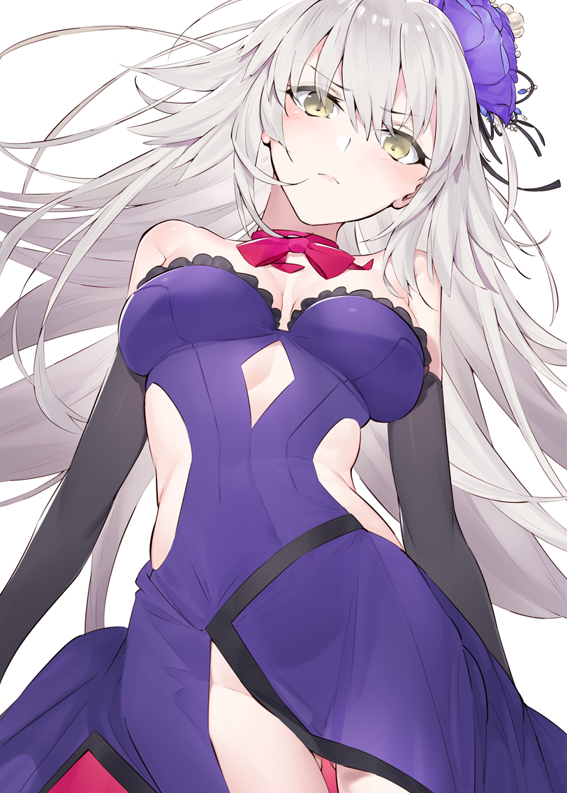 1girl bangs bare_shoulders black_gloves blush breasts cleavage closed_mouth dress elbow_gloves eyebrows_visible_through_hair fate/grand_order fate_(series) flower gloves gluteal_fold groin hair_between_eyes hair_flower hair_ornament hayashi_kewi jeanne_d'arc_(alter)_(fate) jeanne_d'arc_(fate)_(all) large_breasts long_hair looking_at_viewer medium_breasts neck_ribbon pale_skin purple_dress ribbon silver_hair simple_background solo white_background yellow_eyes
