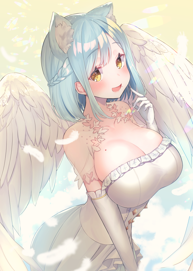 1girl :d angel_wings animal_ear_fluff animal_ears blue_hair blush braid breasts brown_eyes cat_ears collarbone commentary_request dress elbow_gloves feathered_wings feathers frilled_dress frilled_gloves frills gloves hand_up kemonomimi_mode large_breasts looking_at_viewer moira_(nijisanji) mole mole_on_breast nijisanji open_mouth pleated_dress smile solo strapless strapless_dress suzuho_hotaru virtual_youtuber white_dress white_feathers white_gloves white_wings wings