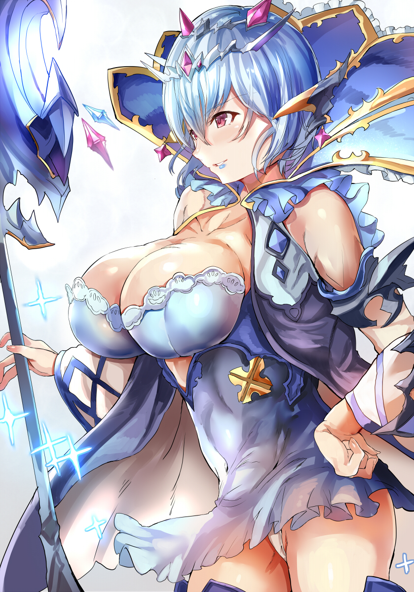 1girl blue_hair blush bob_cut breasts cleavage commentary_request crystal dress frills from_side granblue_fantasy highres himuro_(dobu_no_hotori) holding holding_staff large_breasts macula_marius microskirt nose panties red_eyes short_hair skirt solo sparkle staff thighhighs tiara underwear vest weapon white_background white_panties