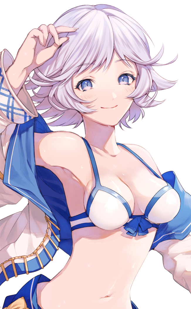 1girl armpits bikini blue_bow blue_eyes blush bow breasts closed_mouth eyebrows_visible_through_hair farrah_(granblue_fantasy) flipped_hair front-tie_bikini front-tie_top granblue_fantasy jacket looking_at_viewer matsuki_tou medium_breasts navel open_clothes open_jacket short_hair silver_hair simple_background smile solo stomach sweat swimsuit upper_body white_background white_bikini