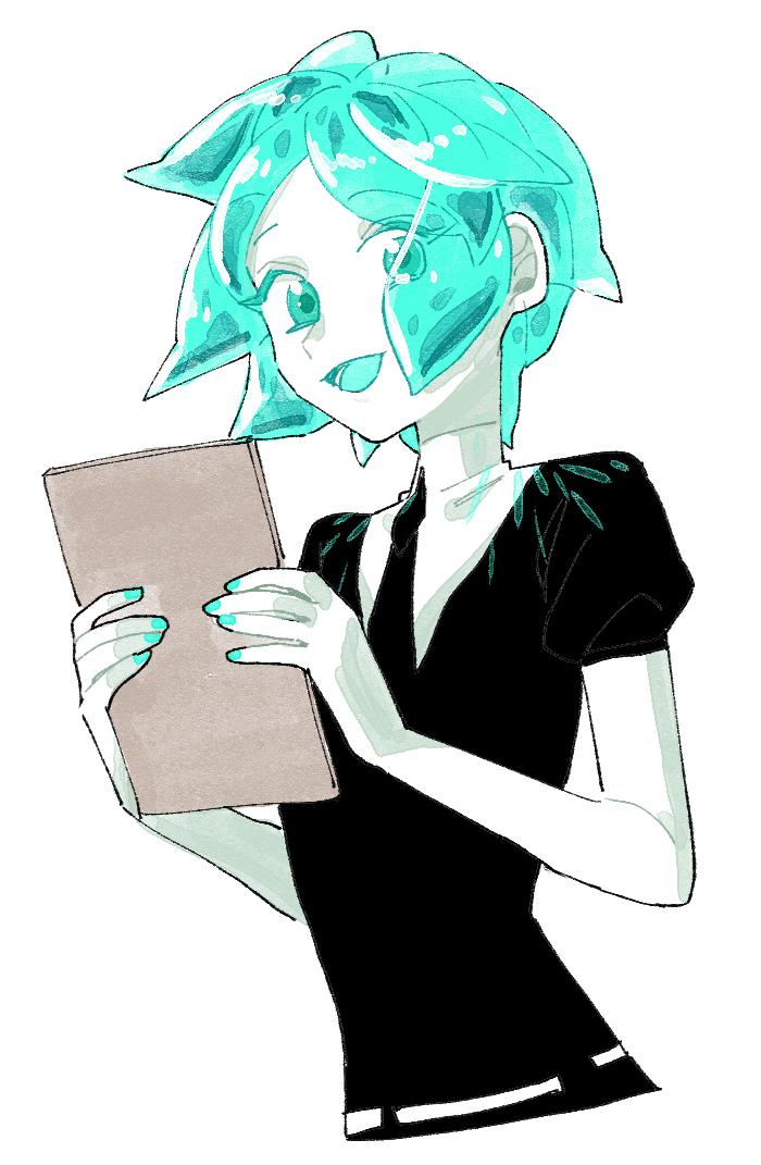 1other androgynous aqua_eyes aqua_hair clipboard colored_eyelashes crystal_hair eyes_visible_through_hair gem_uniform_(houseki_no_kuni) houseki_no_kuni looking_at_viewer necktie open_mouth phosphophyllite short_hair smile solo white_background white_skin