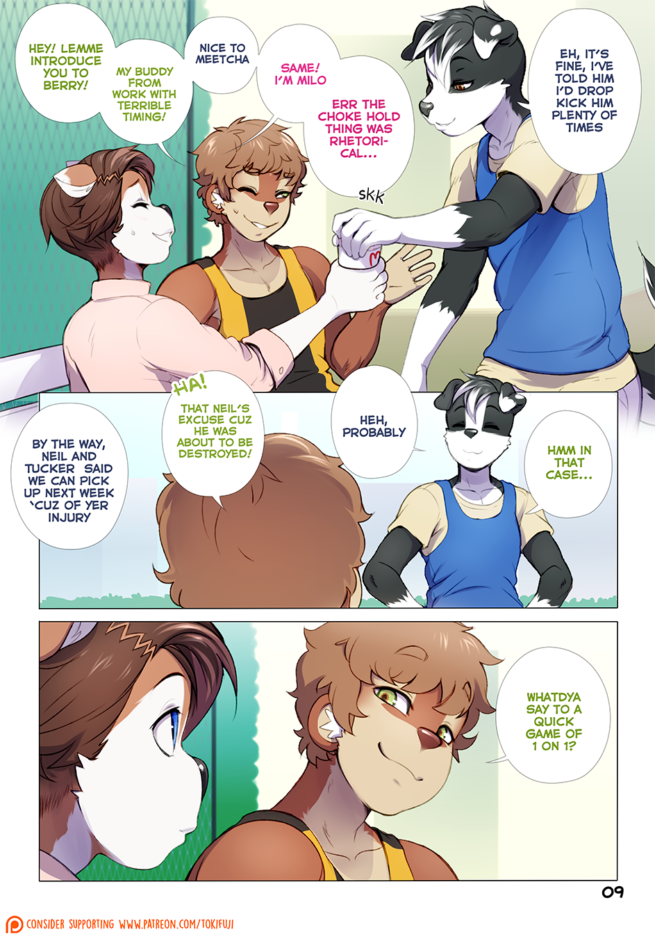 adrian_iliovici anthro canid canine clothed clothing comic dialogue english_text group hair hi_res lutrine male mammal milo_stefferson mustelid outside smile text tokifuji