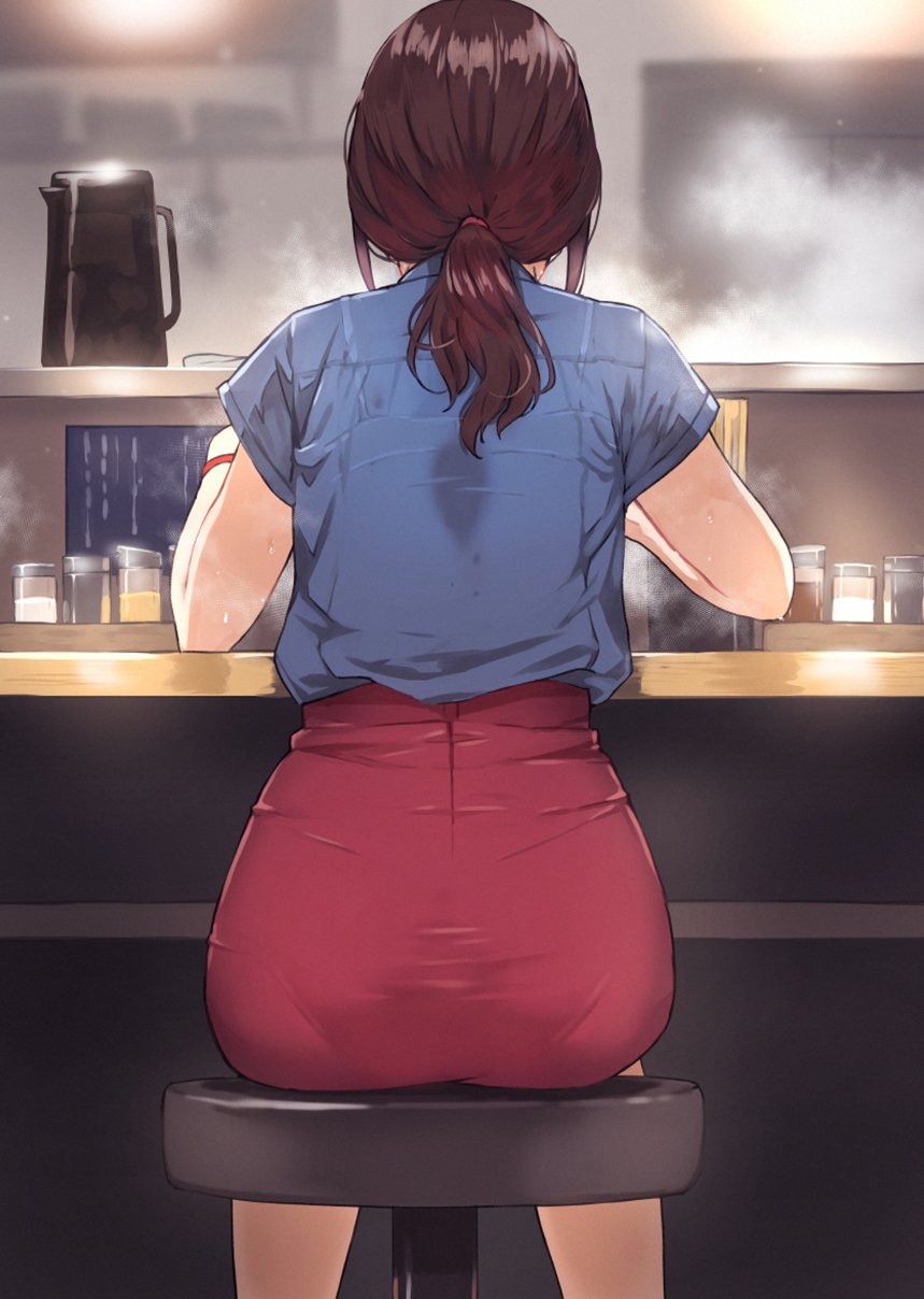 1girl back blue_shirt bracelet brown_hair commentary_request counter doushimasho eating facing_away food from_behind highres jewelry long_hair noodles office_lady original pantylines pencil_skirt ponytail ramen red_skirt restaurant shirt shirt_tucked_in short_sleeves sidelocks sitting skirt steam stool