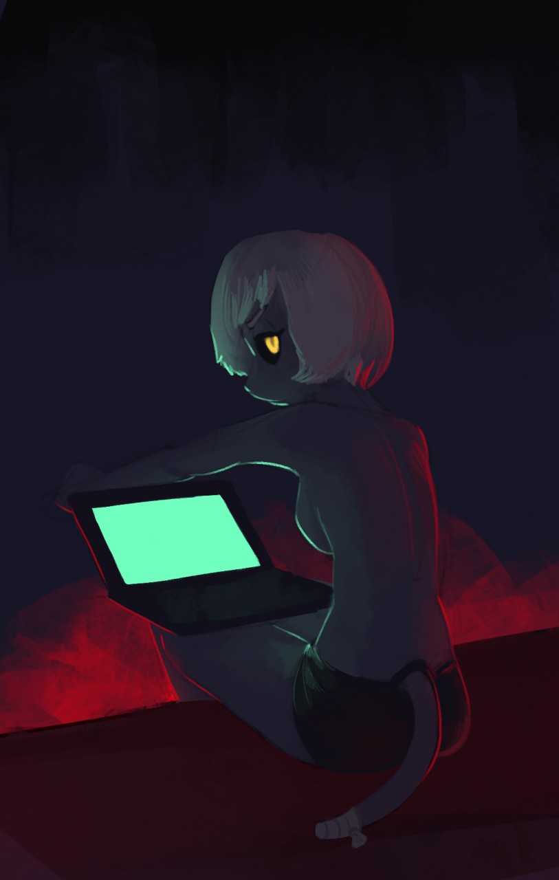 anthro bandage black_sclera breasts chikun11 clothed clothing computer digital_media_(artwork) female glowing glowing_eyes hair hi_res laptop looking_at_viewer looking_back partially_clothed shaded side_boob sitting solo solo_focus thin_tail topless unknown_species white_hair yellow_eyes