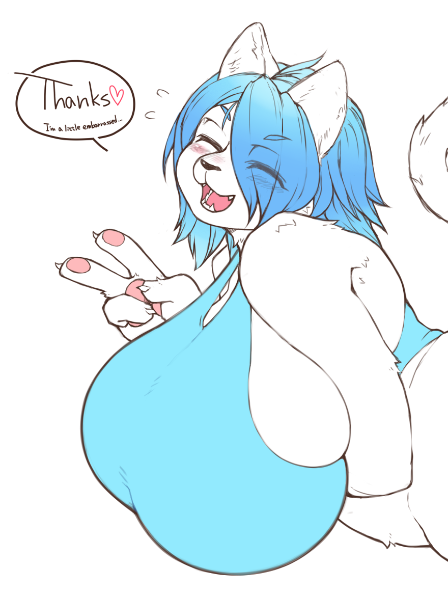 &lt;3 amad_no_moto anthro big_breasts blue_hair blush breasts clothed clothing domestic_cat eye_through_hair felid feline felis female fur hair huge_breasts kemono mammal open_mouth shirt simple_background solo tank_top topwear translucent translucent_hair white_background white_fur