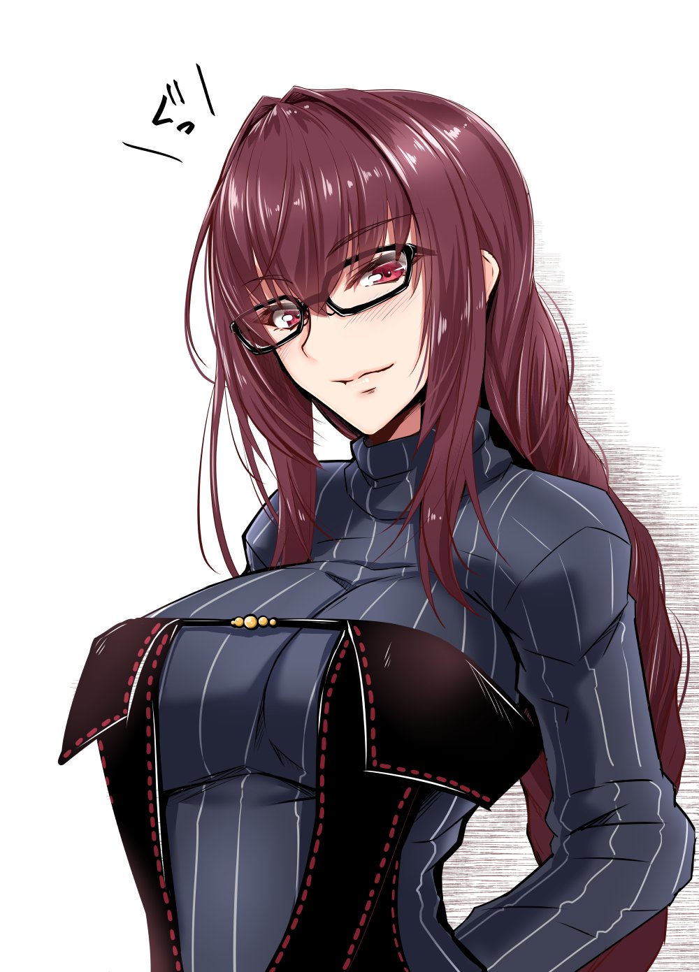 alternate_hairstyle arms_behind_back bangs black-framed_eyewear black_dress braid breasts commentary_request consort_yu_(fate) consort_yu_(fate)_(cosplay) cosplay dress eyebrows_visible_through_hair fate/grand_order fate_(series) glasses highres large_breasts long_hair long_sleeves looking_at_viewer pinstripe_pattern purple_hair red_eyes scathach_(fate)_(all) scathach_(fate/grand_order) shuugetsu_karasu simple_background smile striped very_long_hair white_background