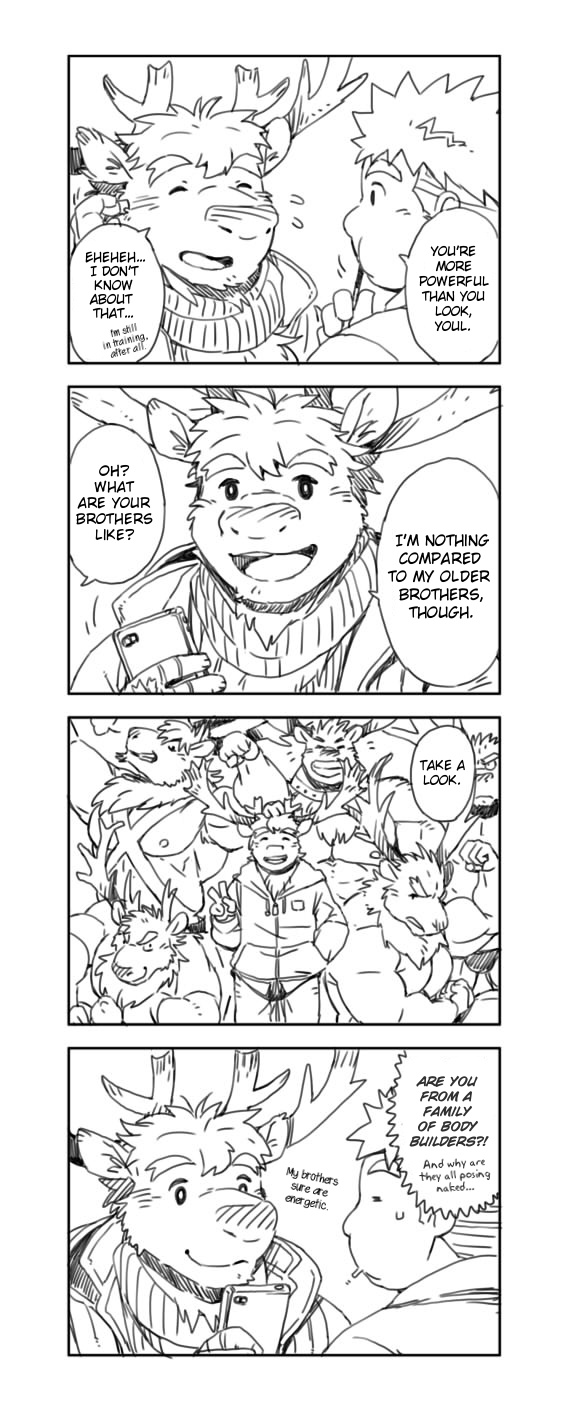 abs anthro antlers biceps capreoline cervid clothed clothing comic dialogue english_text gamma-g group hi_res horn human male mammal muscular muscular_male pecs phone reindeer ryouta_yakushimaru text tokyo_afterschool_summoners video_games youl