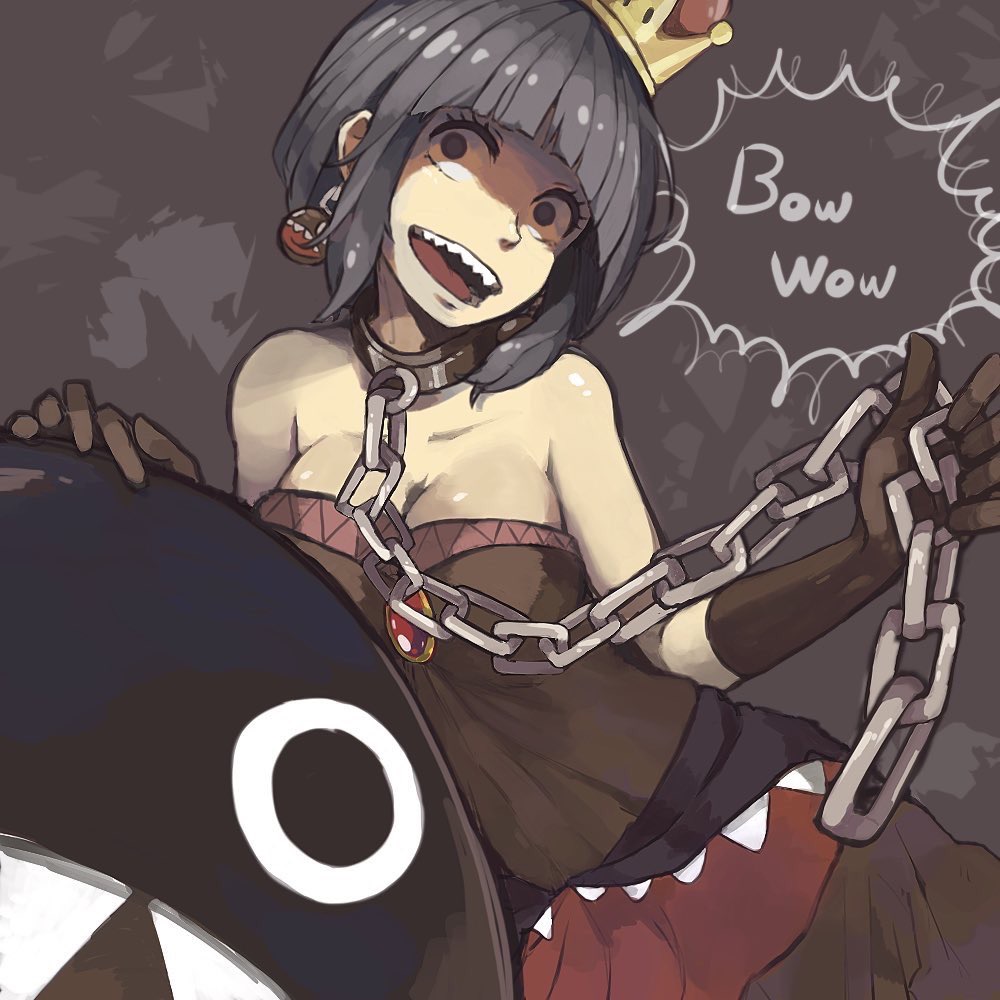 black_dress black_gloves black_hair bob_cut breasts chain_chomp chains cleavage dress earrings elbow_gloves gloves jewelry mario_(series) nintendo princess_chain_chomp self_mn58 sharp_teeth sleeveless sleeveless_dress super_crown teeth