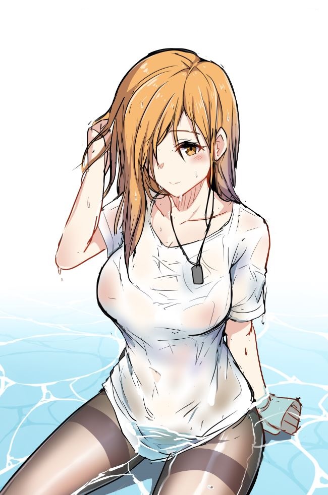 1girl brown_eyes brown_hair dog_tags galil_(girls_frontline) girls_frontline hair_over_one_eye kuro_(tmdbin) long_hair looking_at_viewer pantyhose shirt solo water wet wet_clothes wet_shirt