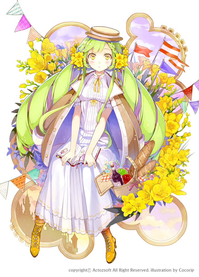 1girl apple artist_name baguette blush boater_hat book book_on_lap bookmark boots bottle bread breasts brown_jacket castle choker closed_mouth cocorip company_name cross-laced_footwear dress drill_hair flower food freesia_(flower) fruit full_body green_hair hair_flower hair_ornament hat jacket jacket_on_shoulders kaku-san-sei_million_arthur lace-up_boots long_dress long_hair looking_at_viewer low_twintails million_arthur_(series) official_art open_book pennant picnic_basket short_sleeves sidelocks sitting sky small_breasts solo string_of_flags twin_drills twintails very_long_hair watermark white_dress yellow_eyes yellow_flower yellow_footwear