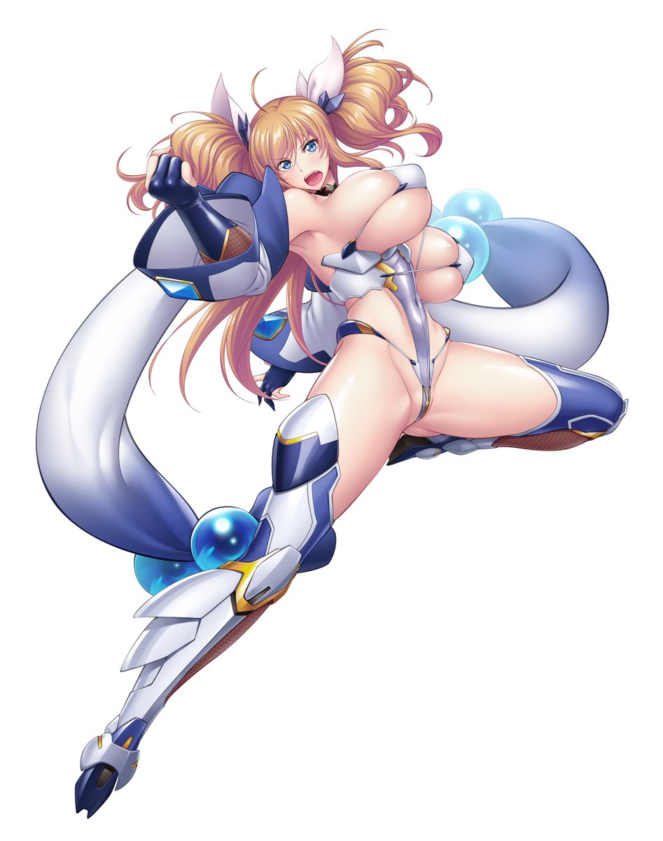 1girl ahoge aoi_nagisa_(metalder) bare_shoulders blonde_hair blue_eyes bouncing_breasts breasts fang full_body huge_breasts lilith-soft long_hair looking_at_viewer open_mouth solo taimanin_(series) taimanin_rpgx