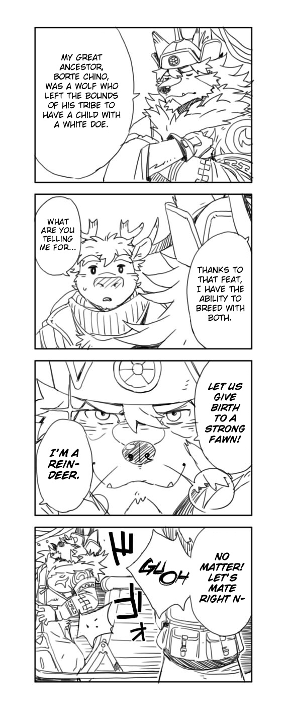 anthro antlers backpack canid canine canis capreoline cervid clothed clothing comic dialogue english_text gamma-g hat headgear headwear hi_res horn male mammal pecs reindeer scarf temujin text tokyo_afterschool_summoners video_games wolf youl