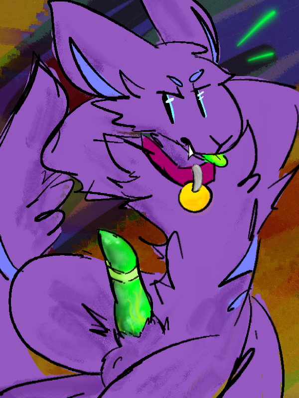 animal_genitalia animal_penis balls blep canid canine canine_penis collar cute_fangs frown fur gallil gallil_(character) green_penis green_tongue hands_behind_head lagomorph looking_at_viewer lounging male mammal monster mostly_nude penis pinup pose presenting purple_fur sheath simple_background solo striped_penis stripes tongue tongue_out vein veiny_penis vertical_bar_eyes