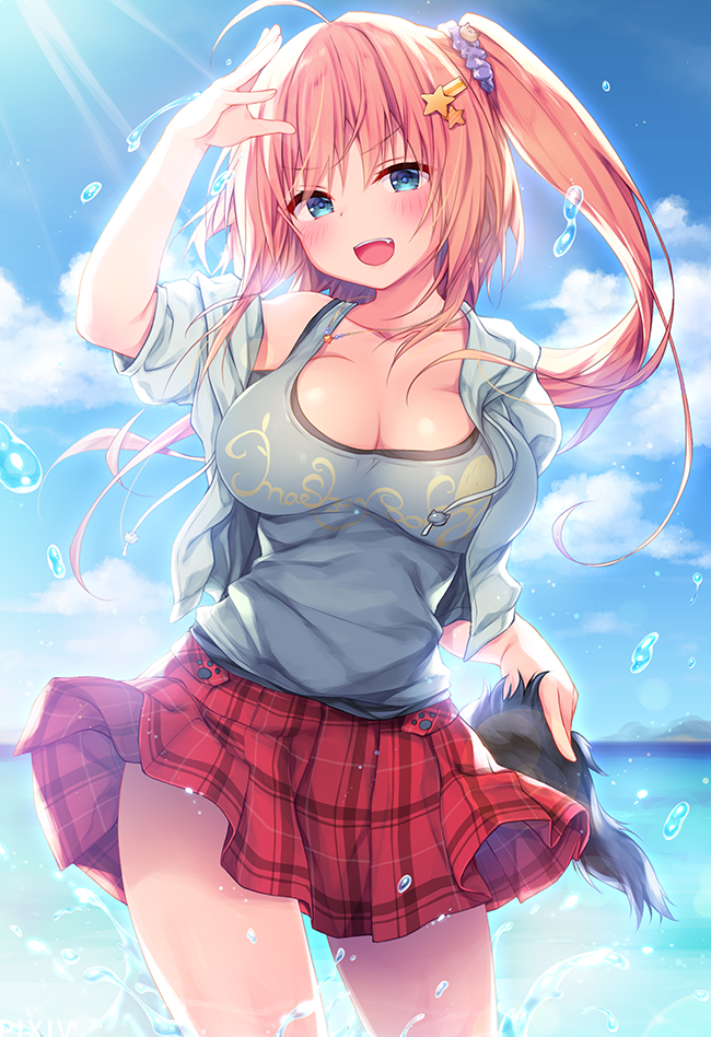 1girl :d ahoge banned_artist bare_shoulders blue_eyes blue_sky blush breasts cleavage cloud collarbone commentary_request cowboy_shot day drawstring fang grey_jacket grey_shirt hair_ornament hair_scrunchie hand_up horizon jacket konomi_(kino_konomi) large_breasts light_rays long_hair looking_at_viewer miniskirt ocean off_shoulder open_clothes open_jacket open_mouth orange_hair original outdoors plaid plaid_skirt pleated_skirt red_skirt scrunchie shirt short_sleeves side_ponytail skirt sky smile solo star star_hair_ornament sunbeam sunlight tail tank_top thighs v-shaped_eyebrows water