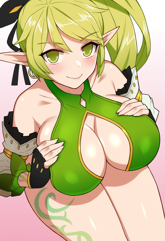 1girl anemos_(elsword) bare_shoulders blush breast_hold breasts cleavage cleavage_cutout collarbone detached_sleeves earrings elf elsword eyebrows_visible_through_hair fingerless_gloves gloves green_eyes green_hair jewelry large_breasts long_hair looking_at_viewer nt00 pointy_ears rena_(elsword) ribbon side_ponytail sideboob smile solo tattoo