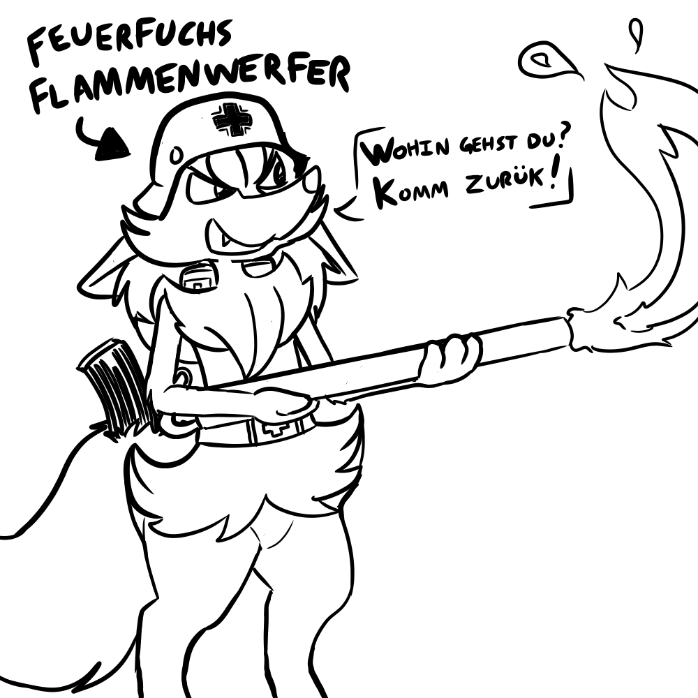 1:1 ambiguous_gender armor battle_fennec braixen canid canine fire flamethrower flammenwerfer_43 fox german gun_magazine headgear helmet mammal mischief nintendo pok&eacute;mon pok&eacute;mon_(species) ranged_weapon unintentional_typo video_games weapon wehrmancht