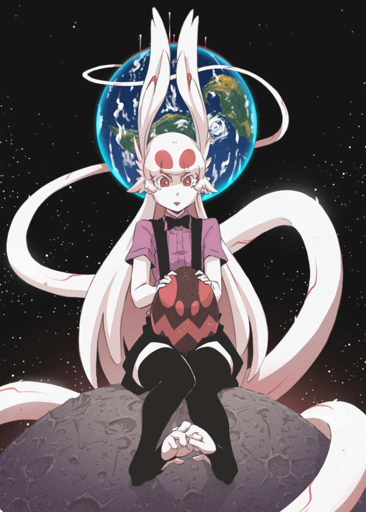 1girl :p ad-6-0001a alien animal_ears black_legwear black_neckwear bow bowtie bunny_ears commentary earth english_commentary hushabye long_hair long_tail monster_girl moon pink_shirt project_a.d.a. red_eyes shirt short_sleeves sitting solo space suspenders tail thighhighs toeless_legwear toes tongue tongue_out very_long_hair white_hair white_skin