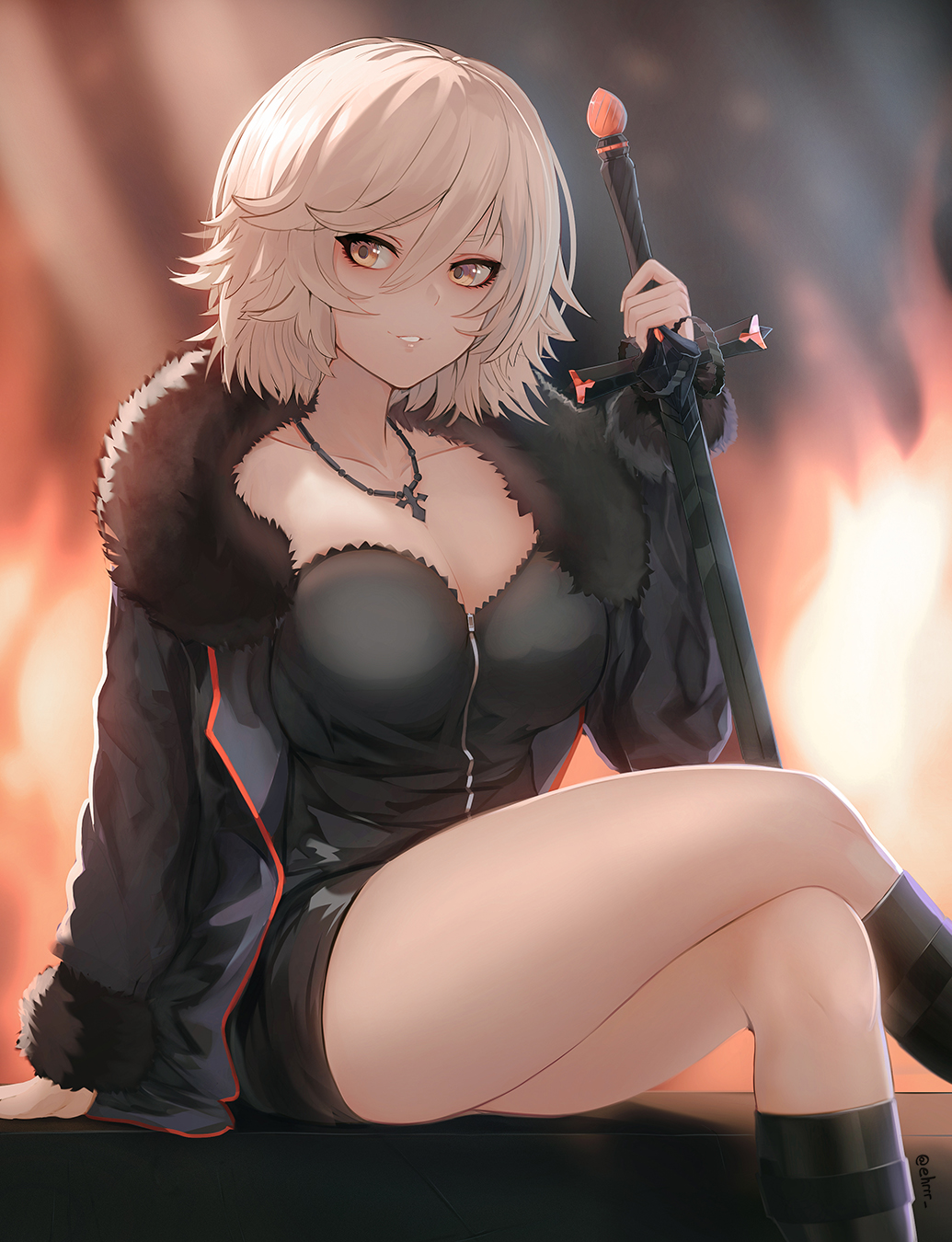 1girl bangs black_dress black_footwear black_jacket boots breasts cleavage collarbone commentary dress ehrrr english_commentary fate/grand_order fate_(series) feet_out_of_frame fire fur_trim hair_between_eyes hand_up highres holding holding_sword holding_weapon jacket jeanne_d'arc_(alter)_(fate) jeanne_d'arc_(fate)_(all) jewelry large_breasts legs_crossed long_sleeves looking_at_viewer necklace parted_lips short_dress short_hair silver_hair sitting smile solo sword thighs weapon wicked_dragon_witch_ver._shinjuku_1999 yellow_eyes