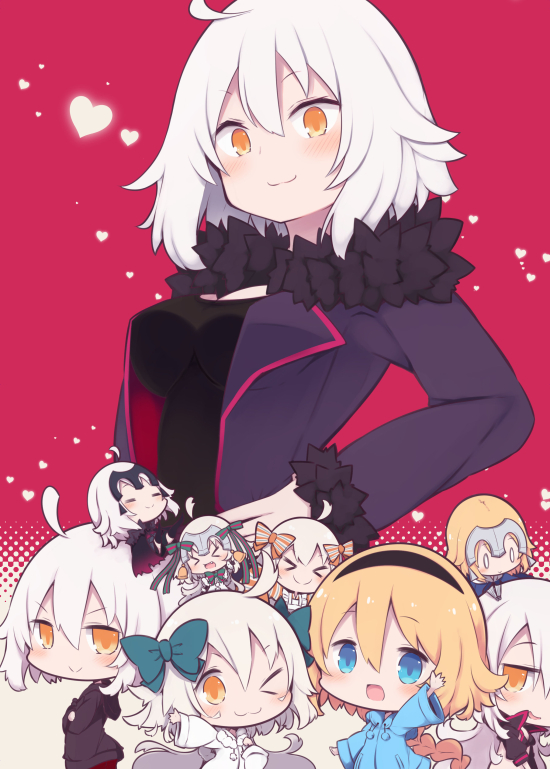 &gt;:) &gt;_&lt; &gt;_o 0_0 6+girls ;3 =_= ahoge bangs bell beni_shake black_dress black_jacket blonde_hair blue_jacket blush bow braid breasts chibi closed_mouth commentary_request dress eyebrows_visible_through_hair eyes_closed fate/grand_order fate_(series) fur-trimmed_jacket fur-trimmed_sleeves fur_trim green_bow green_ribbon hair_between_eyes hair_bow hand_on_hip headpiece heart hood hood_down hooded_jacket jacket jeanne_d'arc_(alter)_(fate) jeanne_d'arc_(alter_swimsuit_berserker) jeanne_d'arc_(fate) jeanne_d'arc_(fate)_(all) jeanne_d'arc_(swimsuit_archer) jeanne_d'arc_alter_santa_lily long_hair long_sleeves medium_breasts multiple_girls one_eye_closed open_clothes open_jacket orange_eyes puffy_short_sleeves puffy_sleeves purple_jacket ribbon short_sleeves single_braid sleeves_past_wrists smile striped striped_bow striped_ribbon v-shaped_eyebrows very_long_hair white_hair white_jacket wicked_dragon_witch_ver._shinjuku_1999 wide_sleeves