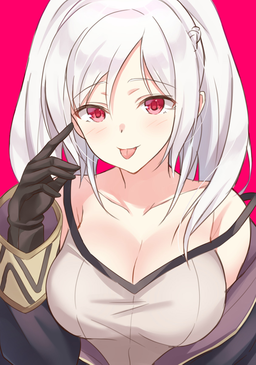 1girl :p bare_shoulders black_gloves braid breasts cape cleavage collarbone dark_persona eyebrows_visible_through_hair female_my_unit_(fire_emblem:_kakusei) fire_emblem fire_emblem:_kakusei fire_emblem_heroes french_braid gimurei glasses gloves highres hood long_hair long_sleeves looking_at_viewer my_unit_(fire_emblem:_kakusei) nintendo open_clothes pink_background red_eyes robe shiyo_yoyoyo simple_background smile solo strap_slip tongue tongue_out twintails upper_body white_hair