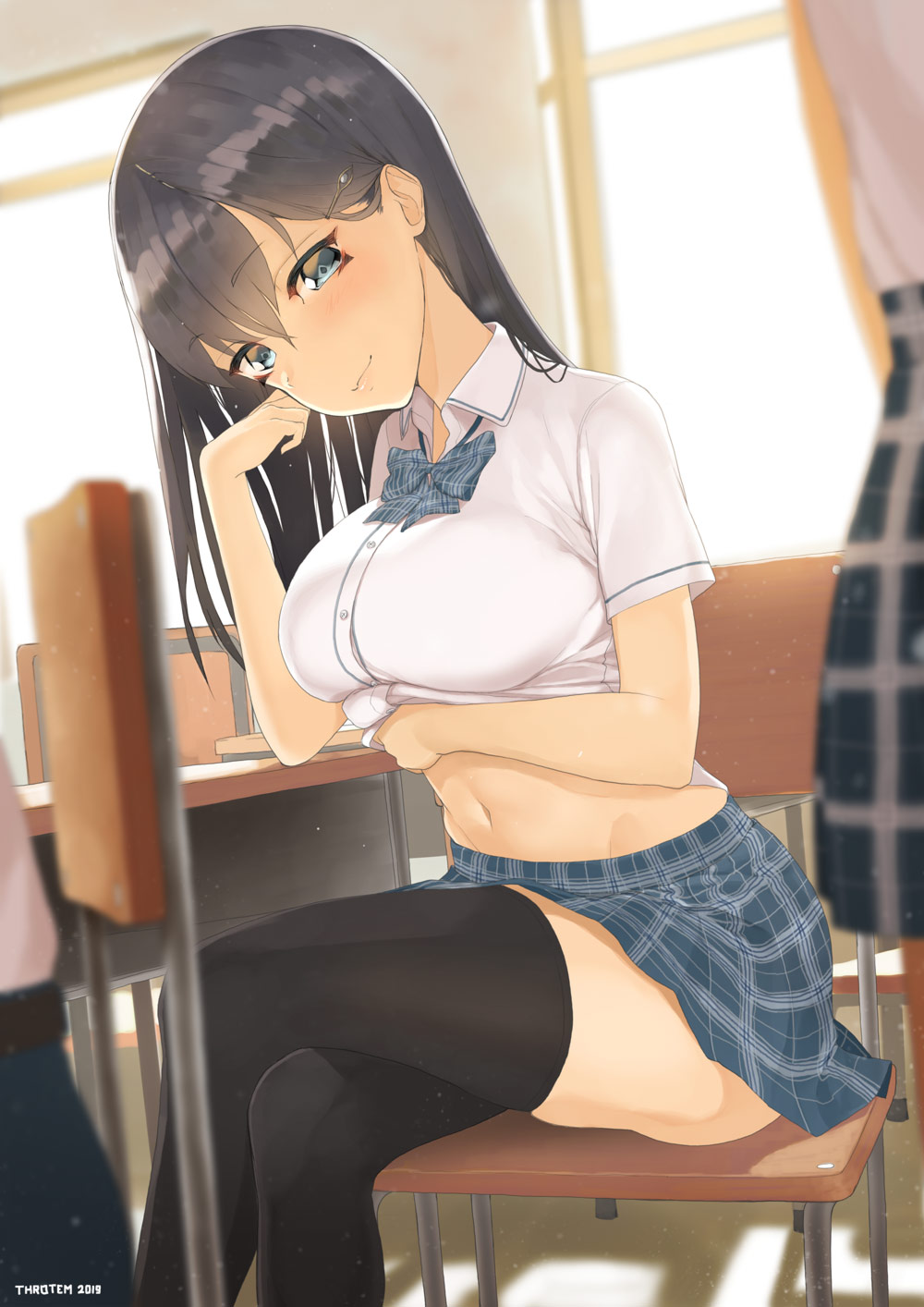 1girl artist_name bangs black_hair black_legwear blue_eyes blurry blurry_background blurry_foreground bow bowtie breasts chair classroom closed_mouth collared_shirt dated desk eyebrows_visible_through_hair hair_ornament hairpin hand_up highres legs_crossed lifted_by_self long_hair medium_breasts midriff navel on_chair original plaid plaid_neckwear plaid_skirt school_chair school_desk school_uniform shirt shirt_lift short_sleeves sitting skirt solo_focus straight_hair thighhighs throtem uniform white_shirt window zettai_ryouiki