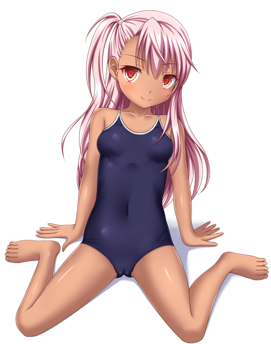 1girl arm_support ass_cutout bangs bare_arms bare_legs bare_shoulders barefoot blue_swimsuit blush breasts brown_eyes cameltoe chloe_von_einzbern closed_mouth competition_school_swimsuit covered_navel dark_skin eyebrows_visible_through_hair fate/kaleid_liner_prisma_illya fate_(series) fingernails full_body hair_between_eyes ki_(kk-sk-ray) long_hair looking_at_viewer one-piece_swimsuit one_side_up pink_hair shadow sitting small_breasts smile solo swimsuit toenails very_long_hair wariza white_background