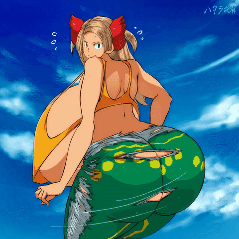 1girl animated animated_gif ass ass_shake bare_shoulders breasts brown_hair butt_crack flying_sweatdrops from_behind gigantic_breasts hataraki_ari huge_ass jiggle long_hair looking_at_viewer looking_back original pants parra shiny shiny_hair shiny_skin solo sweat tanktop torn_clothes torn_pants underboob
