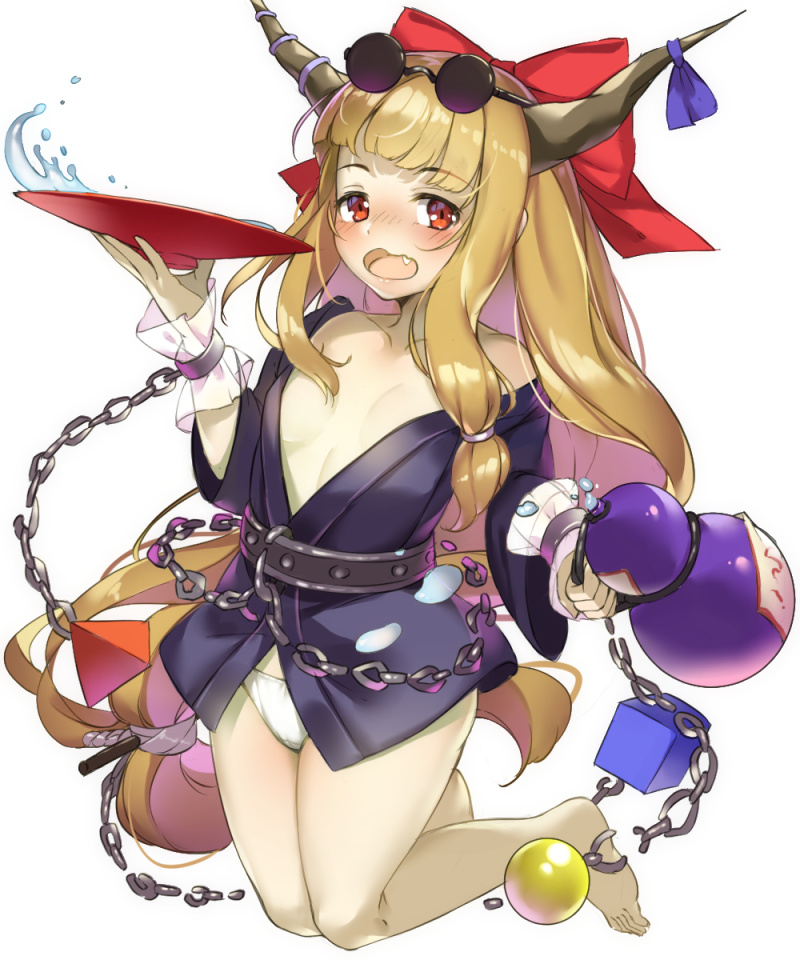 1girl alcohol alternate_costume bangs bare_legs bare_shoulders barefoot belt black_belt black_kimono blonde_hair blush bow breasts chains collarbone commentary_request cube cuffs cup eyebrows_visible_through_hair eyewear_on_head fang full_body gourd hair_bow hand_up holding holding_cup horn_ribbon horns ibuki_suika japanese_clothes kimono long_hair long_sleeves looking_at_viewer nose_blush off_shoulder oni oni_horns open_mouth panties piyodesu purple_ribbon pyramid_(geometry) red_bow red_eyes ribbon sakazuki sake shackles short_kimono sidelocks simple_background small_breasts solo sphere sunglasses thighs touhou underwear very_long_hair white_background white_panties wide_sleeves wrist_cuffs