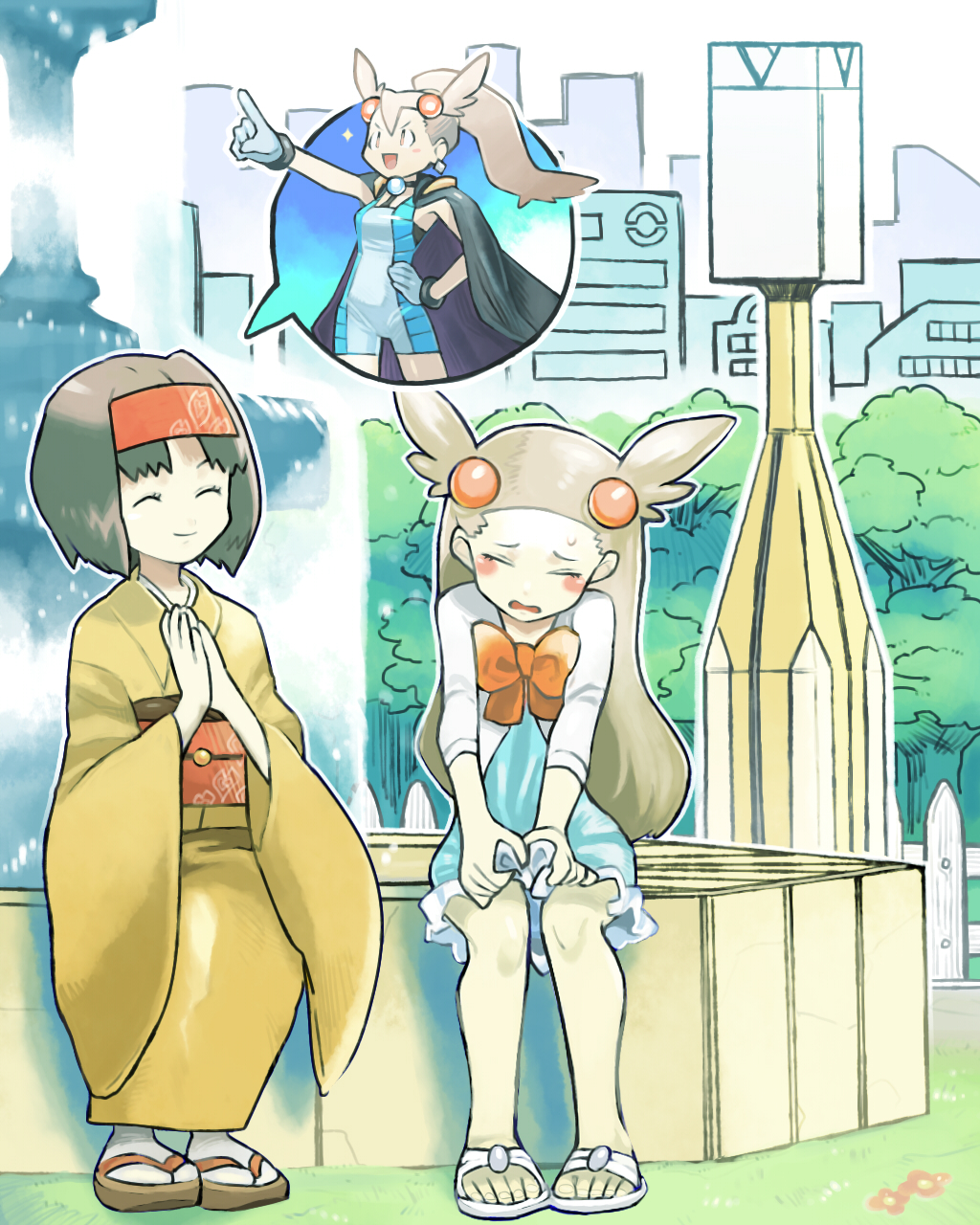 2girls :d ^_^ black_cape black_hair blue_dress blue_gloves bow building cape closed_eyes closed_mouth cosplay creatures_(company) donnpati dress erika_(pokemon) eyes_closed fence flower fountain furrowed_eyebrows game_freak geta gloves grass gym_leader hair_ornament hairband hands_together hands_up highres ibuki_(pokemon) ibuki_(pokemon)_(cosplay) index_finger_raised jacket japanese_clothes kimono light_brown_hair long_hair long_sleeves mikan_(pokemon) multiple_girls nintendo obi open_clothes open_jacket open_mouth orange_bow outdoors outline picket_fence pointing pokemon pokemon_(game) pokemon_hgss ponytail red_flower red_hairband sandals sash short_dress short_hair short_jumpsuit sitting sleeves_past_elbows smile sparkle speech_bubble tabi tree v-shaped_eyebrows water white_footwear white_jacket white_legwear white_outline wide_sleeves wooden_fence yellow_kimono