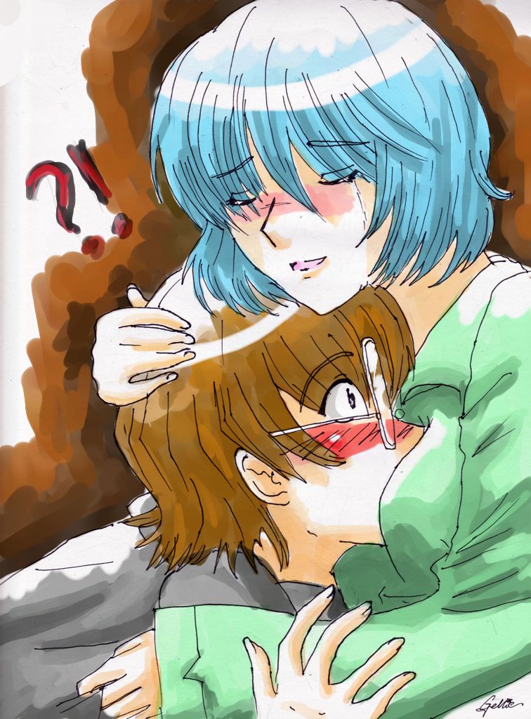 1boy 1girl aida_kensuke ayanami_rei bangs between_breasts blue_hair blush breast_smother breasts brown_hair embrace eyes_visible_through_hair genesis glasses hand_on_head head_between_breasts hetero holding hug neon_genesis_evangelion tears