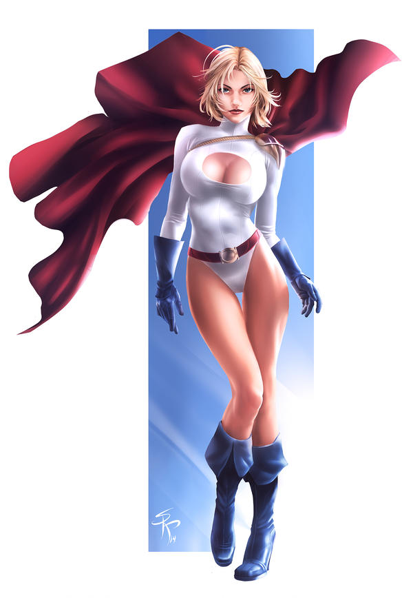 1girl alien belt blonde_hair blue_eyes bodysuit boots breasts cape cleavage cleavage_cutout dc_comics full_body gloves kryptonian legs leotard light long_sleeves looking_at_viewer pose power_girl red_cape solo superman_(series) thighs white_leotard