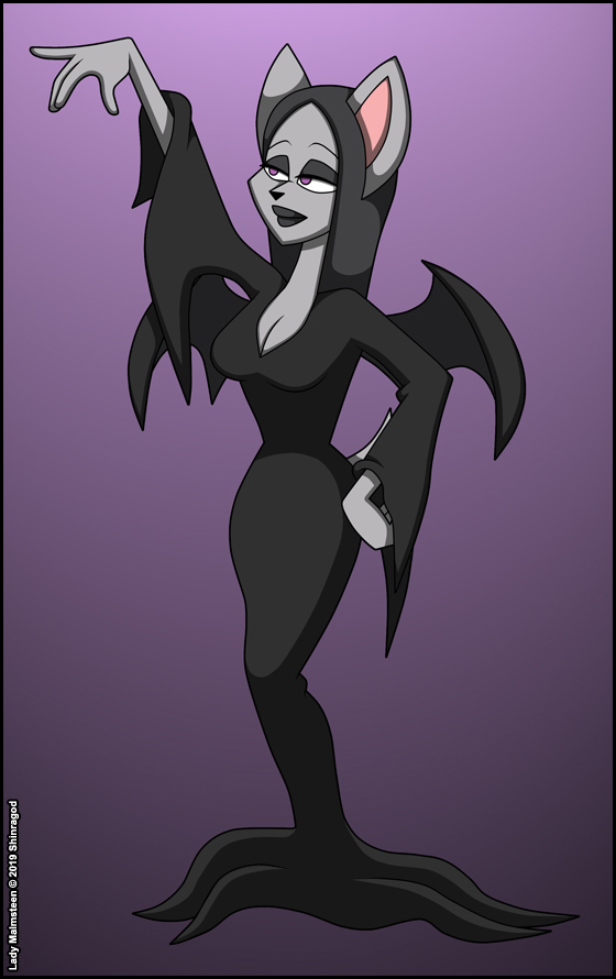 2019 anthro big_ears clothed clothing crossover dark_lipstick dress eyelashes female fur grey_dress grey_fur grey_hair hair lady_malmsteen lipstick makeup mammal morticia_addams purple_background purple_eyes shinragod simple_background solo tagme the_addams_family verona7881 wings