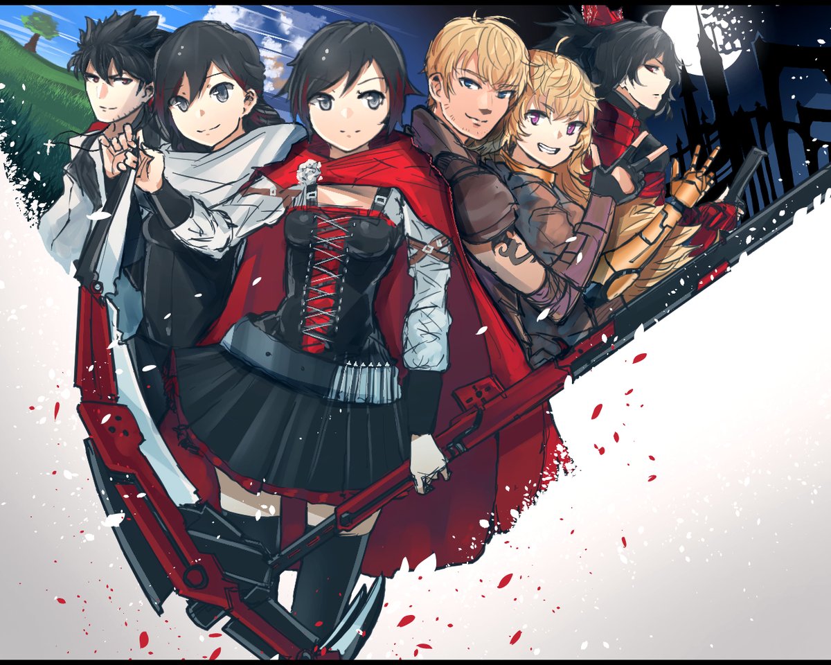 2boys 4girls anonamos black_hair blonde_hair family multiple_boys multiple_girls qrow_branwen raven_branwen ruby_rose rwby scythe summer_rose taiyang_xiao_long yang_xiao_long