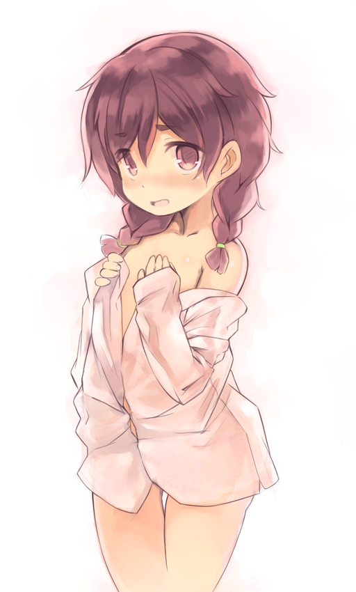 1girl bangs bare_shoulders blush braid brown_eyes brown_hair collarbone cowboy_shot dress_shirt eyebrows_visible_through_hair hair_between_eyes hands_up kurasuke long_hair long_sleeves looking_at_viewer low_twintails naked_shirt nose_blush off_shoulder open_clothes open_mouth open_shirt original shirt simple_background sleeves_past_wrists solo thigh_gap twin_braids twintails white_background white_shirt