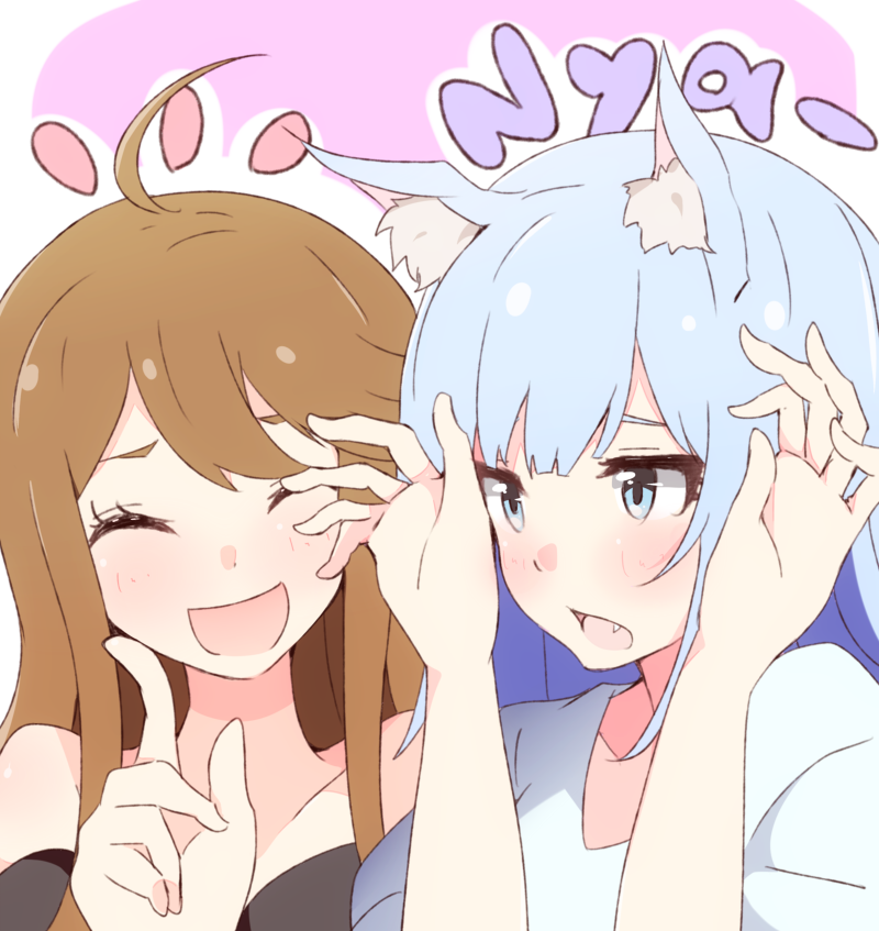 2girls :d ^_^ ahoge animal_ear_fluff animal_ears bangs blue_eyes blue_hair blush brown_hair cat_ears closed_eyes collarbone enelis eyebrows_visible_through_hair eyes_closed fang hands_up idolmaster idolmaster_million_live! idolmaster_million_live!_theater_days index_finger_raised kemonomimi_mode long_hair multiple_girls open_mouth puffy_short_sleeves puffy_sleeves romaji_text shiraishi_tsumugi shirt short_sleeves smile tokoro_megumi upper_body white_shirt