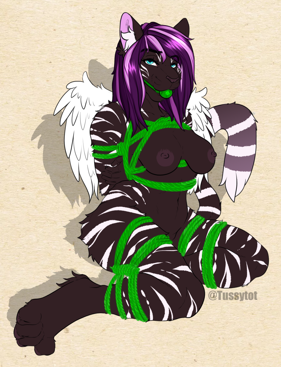 areola ball_gag big_breasts bound breasts clover domestic_cat felid feline felis female fluffy four_leaf_clover gag hair hi_res invalid_color irish long_tail mammal meow nipples nude rope rope_bondage rope_harness solo thick_thighs tusfave tussytot wide_hips wings