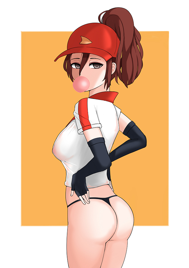 1girl ass baseball_cap black_eyes breasts brown_hair bubble_blowing chewing_gum ears elbow_gloves employee_uniform expressionless fingerless_gloves gloves hand_on_hip hat league_of_legends looking_at_viewer looking_back medium_breasts no_bra no_pants pack_of_inu panties pizza_delivery_sivir ponytail see-through shirt sivir solo t-shirt underwear uniform