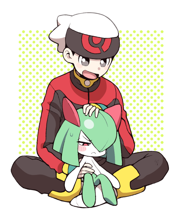 1boy 1girl annoyed bangs beanie black_pants blue_gloves blush blush_stickers closed_mouth creatures_(company) embarrassed fingerless_gloves full_body game_freak gen_3_pokemon gloves green_hair green_skin grey_eyes hair_over_one_eye half-closed_eyes hand_on_another's_head hand_up happy hat indian_style jacket kirlia long_sleeves looking_at_another minashirazu nintendo open_mouth pants petting poke_ball_symbol poke_ball_theme pokemon pokemon_(creature) pokemon_(game) pokemon_rse polka_dot polka_dot_background red_eyes red_jacket shiny shiny_hair short_hair simple_background sitting sitting_on_lap sitting_on_person size_difference smile socks sweat two-tone_skin white_headwear white_legwear white_skin yuuki_(pokemon)