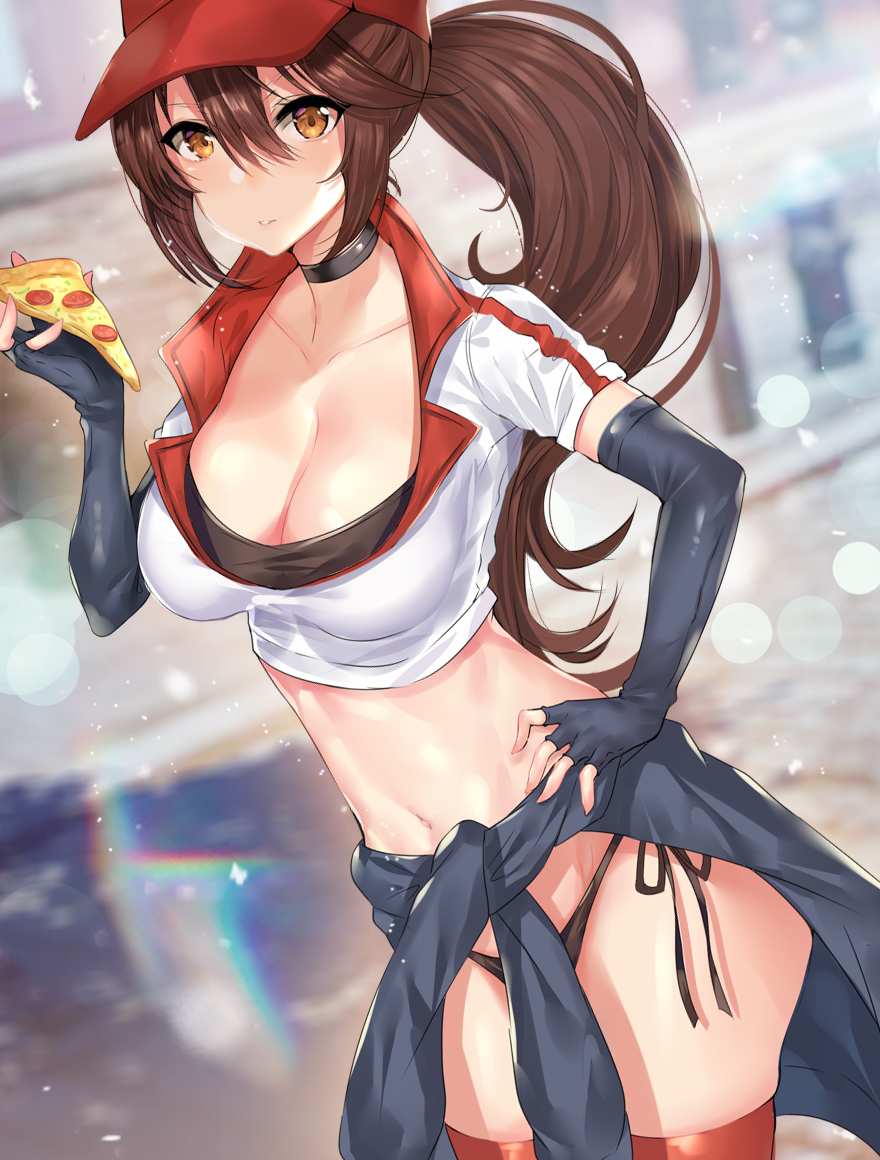 1girl baseball_cap breasts brown_hair choker cleavage clothes_around_waist elbow_gloves employee_uniform ero_waifu fingerless_gloves food gloves hand_on_hip hat large_breasts league_of_legends looking_at_viewer midriff navel no_pants panties parted_lips pizza pizza_delivery_sivir ponytail shirt side-tie_panties sivir solo t-shirt thighhighs underwear uniform yellow_eyes