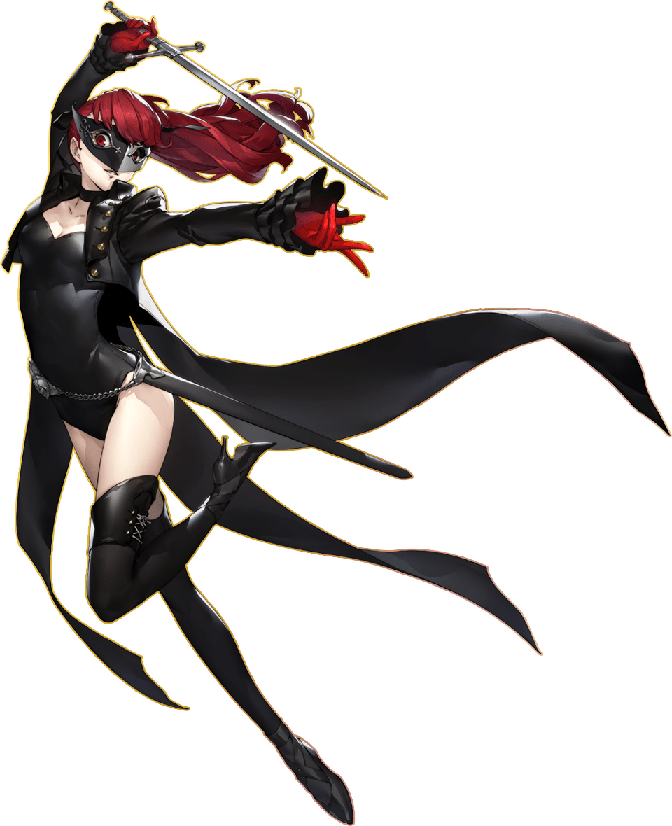 1girl black_legwear black_leotard boots breasts choker cleavage cropped_jacket full_body gloves high_heel_boots high_heels holding holding_sword holding_weapon leotard long_hair mask matching_hair/eyes official_art open_mouth persona persona_5 persona_5_the_royal red_eyes red_gloves red_hair ruffled_sleeves scabbard sheath soejima_shigenori solo sword thigh_boots thighhighs transparent_background weapon yoshizawa_kasumi