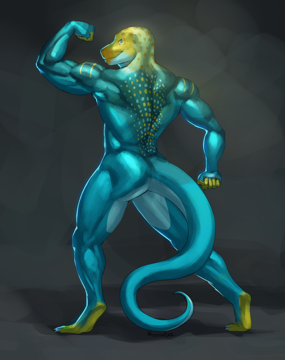 anatomically_correct back_muscles biceps blekarotva blue_eyes blue_scales butt collared_lizard common_collared_lizard fist flexing full-length_portrait hi_res lizard looking_back markings monroe_(monroethelizard) nude portrait pose rear_view reptile scales scalie simple_background smile spots yellow_scales