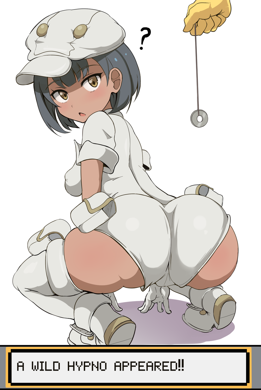 1girl :o ? aether_foundation_employee ass black_hair blush breasts brown_eyes cabbie_hat covered_nipples creatures_(company) dark_skin employee_uniform english_text from_behind full_body game_freak gen_1_pokemon gloves half-closed_eyes hat highres hypno looking_back medium_breasts nintendo open_mouth pendulum pokemon pouch shirt shoes short_hair short_shorts short_sleeves shorts simple_background solo_focus squatting text_focus thighhighs uniform verseir_001 white_background white_footwear white_gloves white_legwear white_shirt white_shorts yellow_skin
