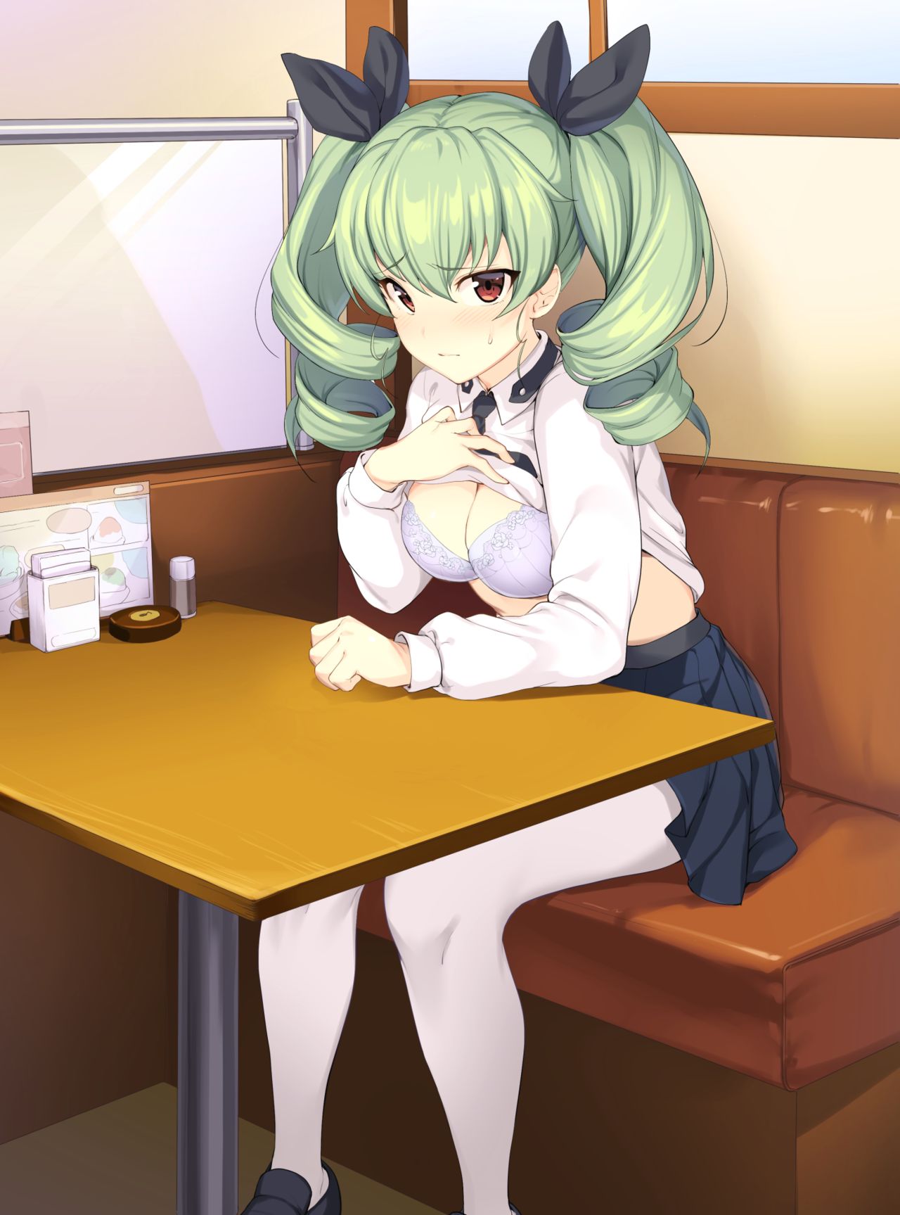 1girl anchovy black_tie blush bra breasts girls_und_panzer green_hair hair_ribbons ikomochi long_hair looking_at_viewer medium_breasts red_eyes restaurant seat shirt shirt_lift shoes sitting skirt solo table thighhighs twintails underwear white_shirt worried