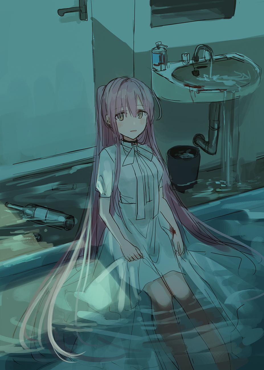 1girl bangs blood blush bottle breasts brown_eyes chihuri door dress eyebrows_visible_through_hair faucet hair_between_eyes highres indoors long_hair looking_at_viewer original overflowing parted_lips pink_hair puffy_short_sleeves puffy_sleeves ribbon short_sleeves sink sitting sketch small_breasts smile soap_bottle solo trash_can very_long_hair water wet wet_clothes wet_dress white_dress white_ribbon