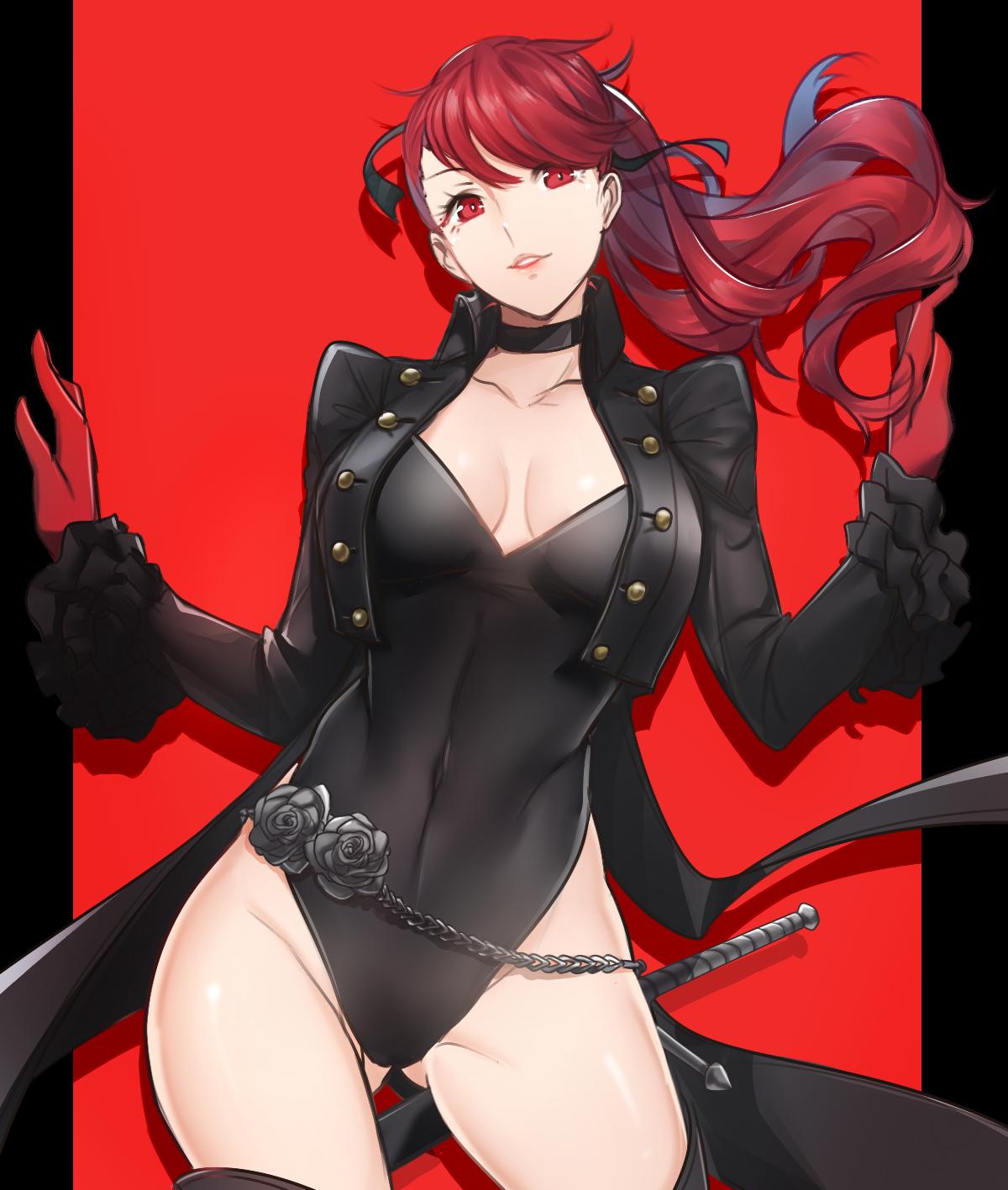 1girl black_border black_choker black_flower black_legwear black_leotard black_rose border breasts buttons chains choker coattails commentary english_commentary flower frilled_sleeves frills gloves hair_ribbon highres juliet_sleeves leotard long_hair long_sleeves medium_breasts persona persona_5 persona_5_the_royal puffy_sleeves red_background red_eyes red_gloves red_hair ribbon rose shadow shrug smile solo sword thighhighs tusia two-tone_background weapon yoshizawa_kasumi